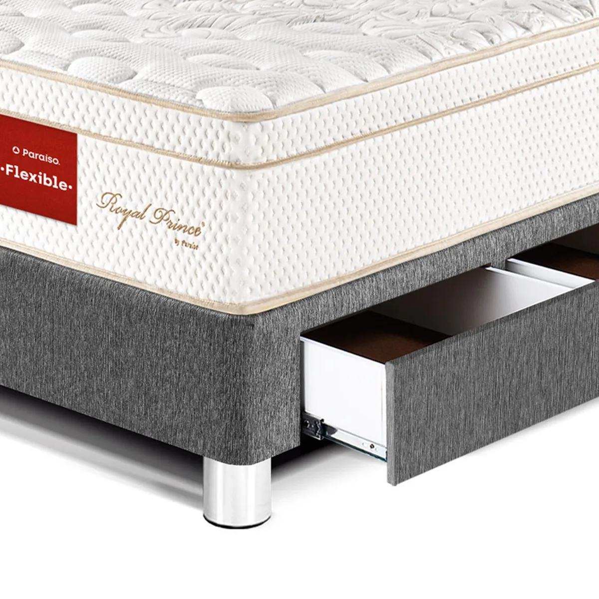 PARAISO - Dormitorio Con Cajones Royal Prince Flexible 1.5 Plz Gris + 1 Almohada Viscoelástica
