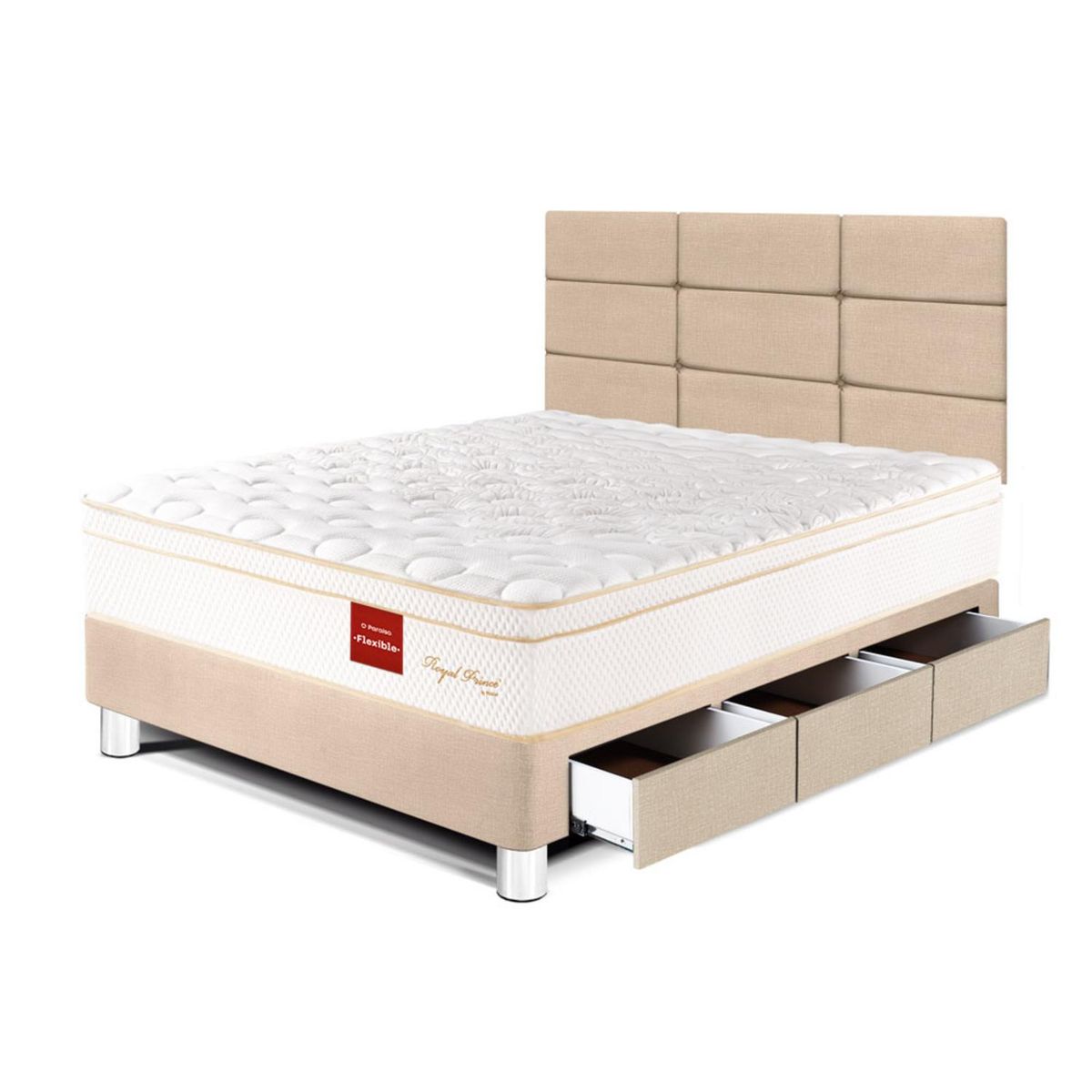 PARAISO - Dormitorio Con Cajones Royal Prince Flexible Blocks 1.5 Plz Champagne + 1 Almohada Viscoelástica