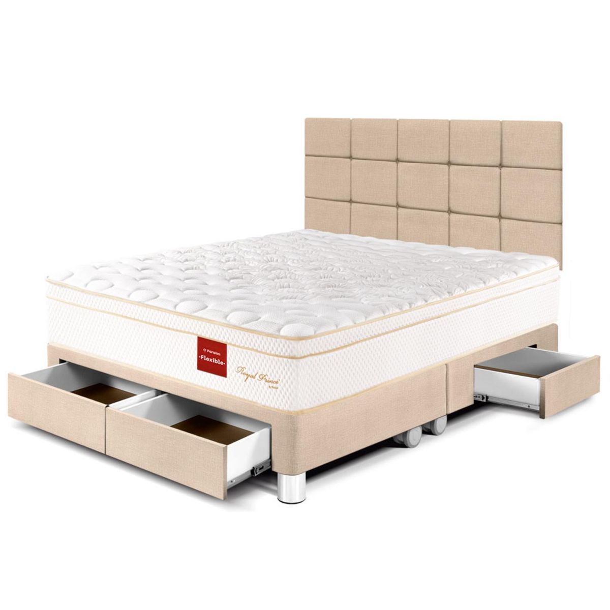 PARAISO - Dormitorio Con Cajones Royal Prince Flexible Blocks Queen + 2 Almohadas Viscoelásticas + Protector