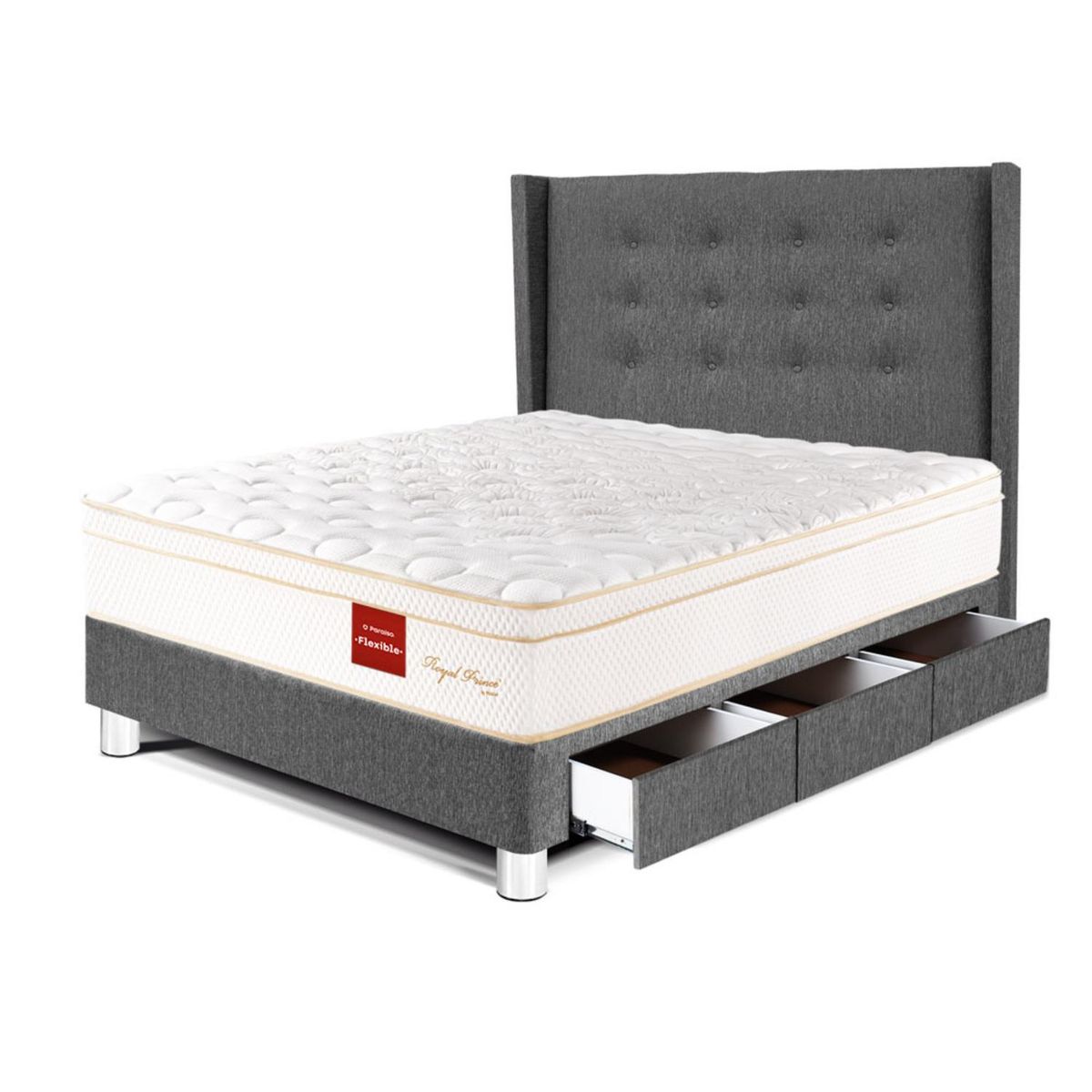 PARAISO - Dormitorio Con Cajones Royal Prince Flexible Gold 1.5 Plz Gris + 1 Almohada Viscoelástica
