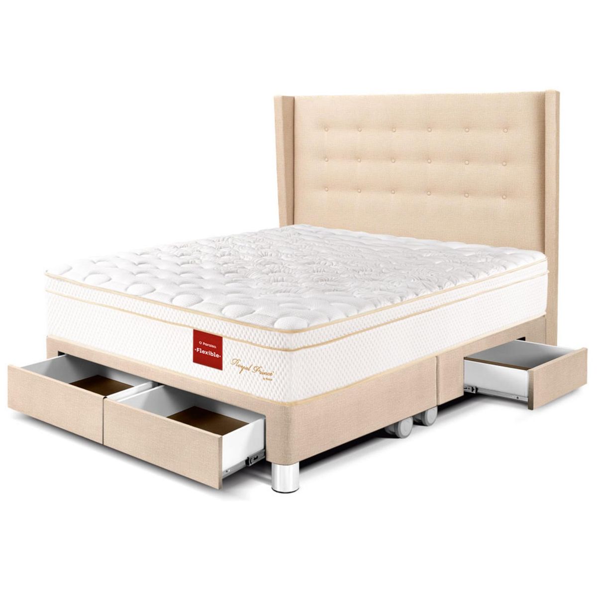 PARAISO - Dormitorio Con Cajones Royal Prince Flexible Gold Queen + 2 Almohadas Viscoelásticas + Protector
