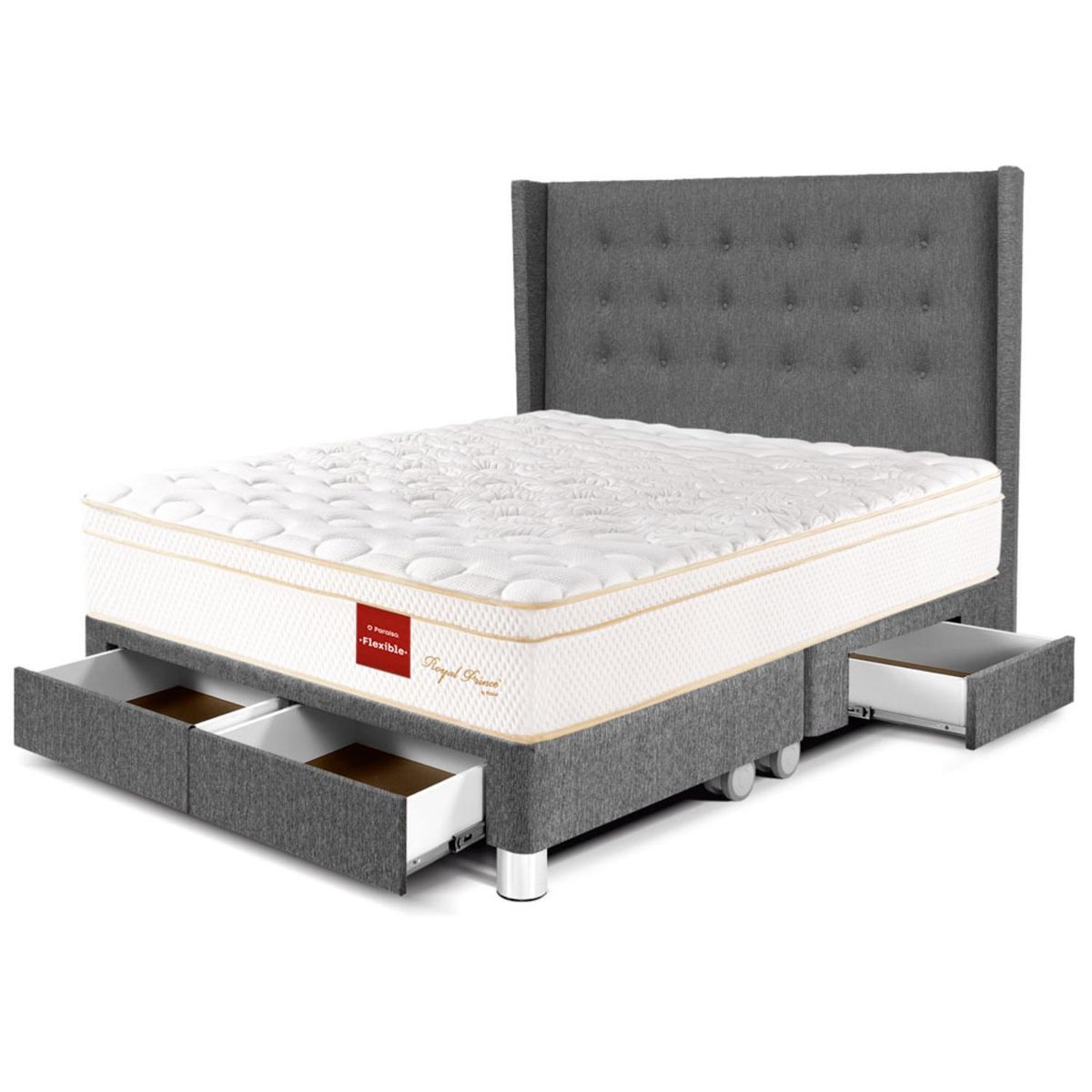 PARAISO - Dormitorio Con Cajones Royal Prince Flexible Gold Queen + 2 Almohadas Viscoelásticas + Protector