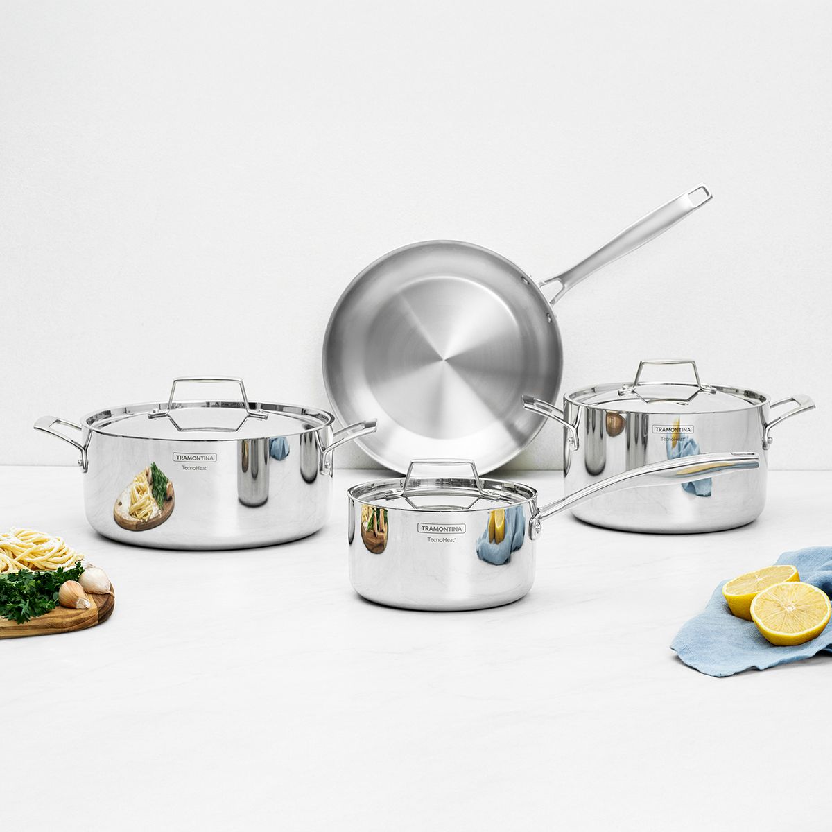 TRAMONTINA - Juego de Ollas 8 Piezas Acero Inoxidable Grano
