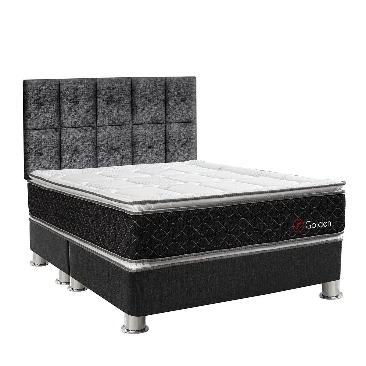 FORLI - Dormitorio Golden Kimiko Queen + 2 Almohadas Viscoelásticas + Protector