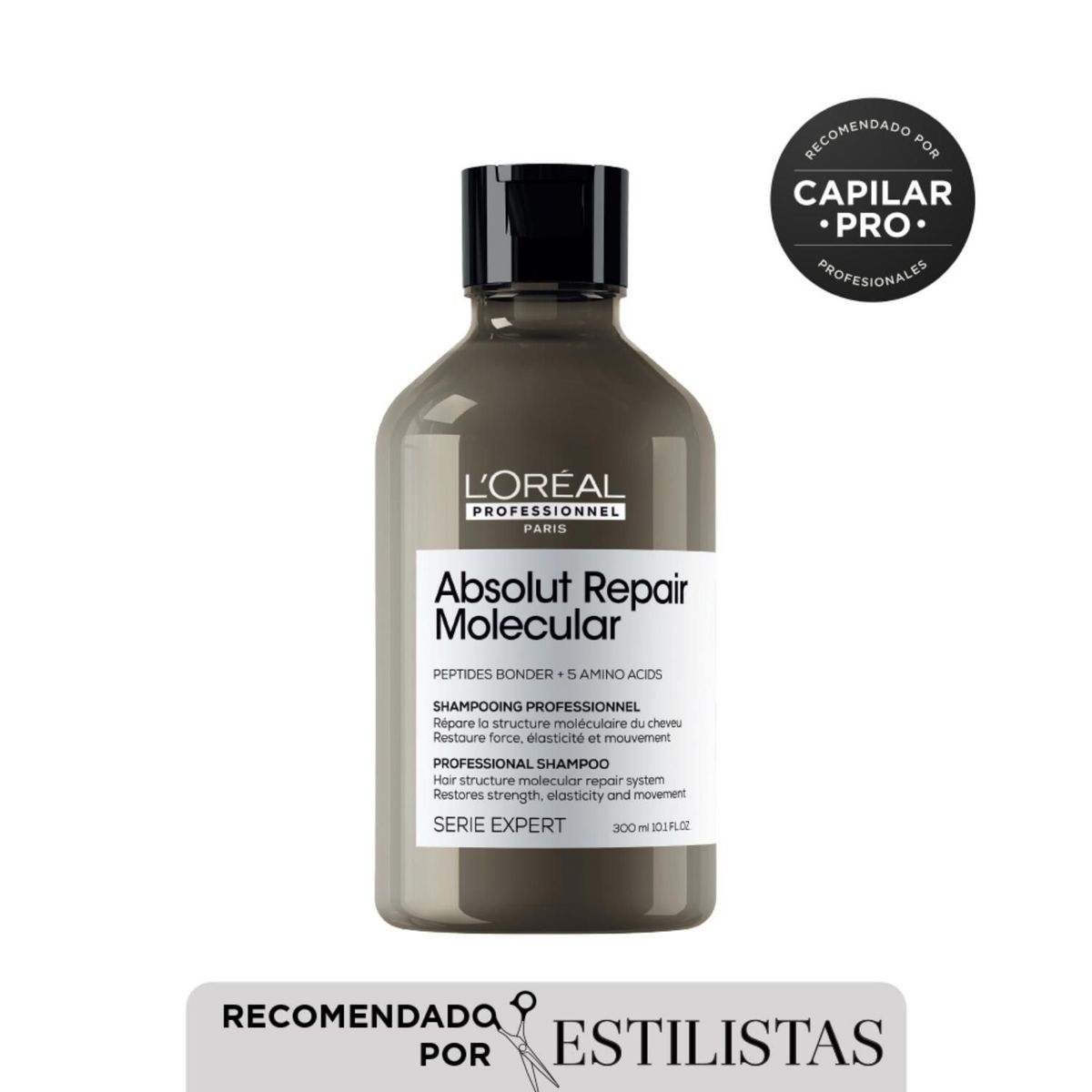 LOREAL PROFESSIONNEL - Shampoo reparador sin sulfato Absolut Repair Molecular para cabello muy dañado Loreal professionnel 300 ml 