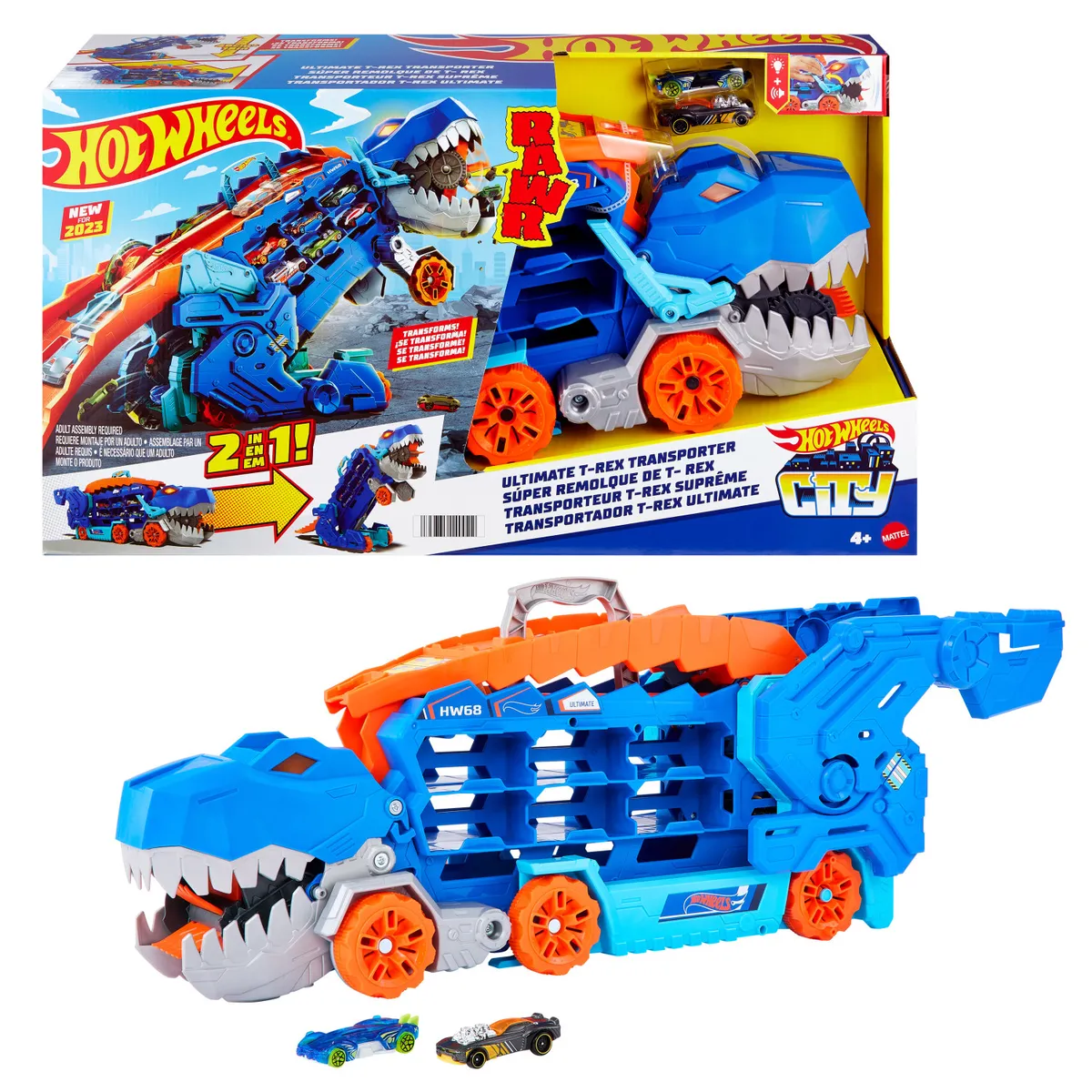 HOT WHEELS - Pista Hot Wheels Remolque Tiburón T-Rex Con Lanzador
