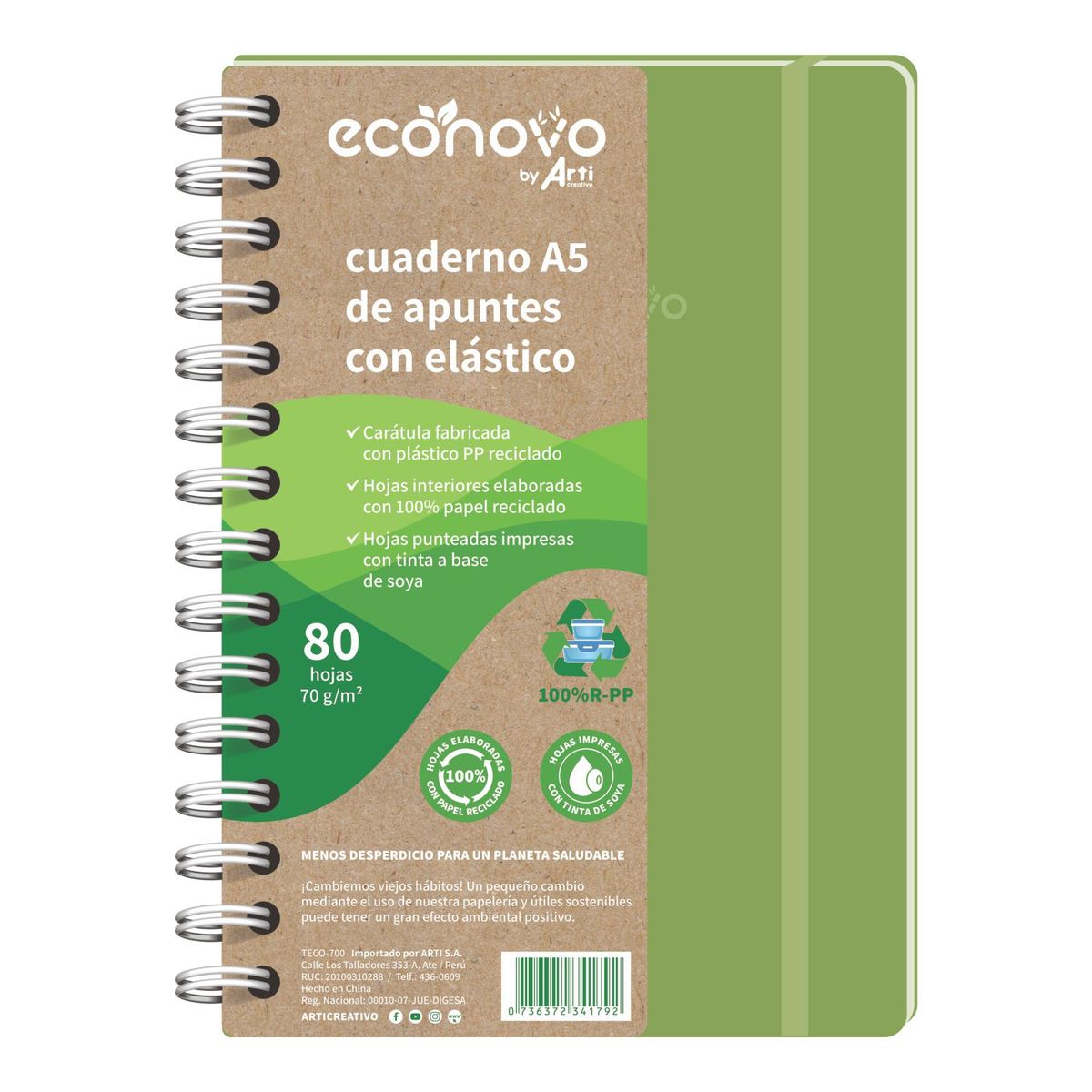 ECONOVO - Cuaderno A5 Con Elástico 80 Hojas 