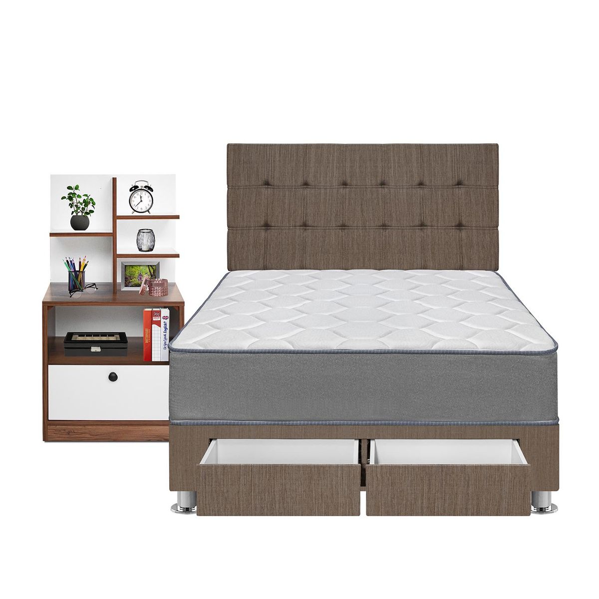 FORLI - Dormitorio Con Cajones Polaris Marrón Hiromi 2 Plz + 1 Velador Repisa + 2 Almohadas