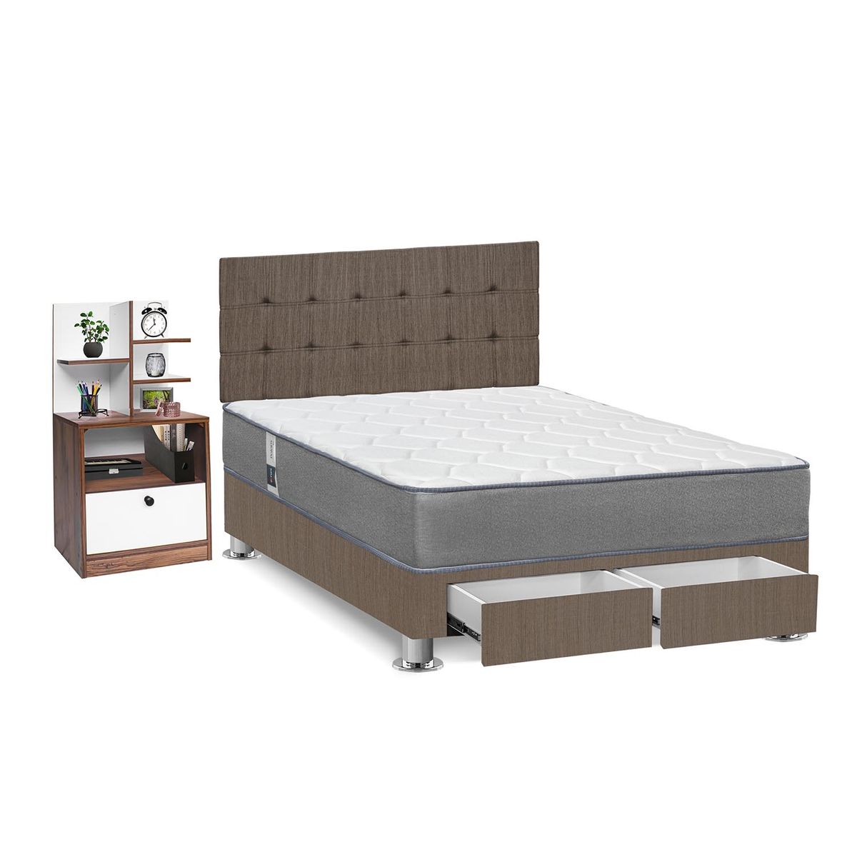 FORLI - Dormitorio Con Cajones Polaris Marrón Hiromi 2 Plz + 1 Velador Repisa + 2 Almohadas