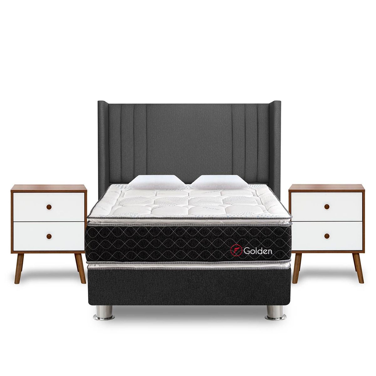 FORLI - Dormitorio Golden Gris Queen + 2 Veladores