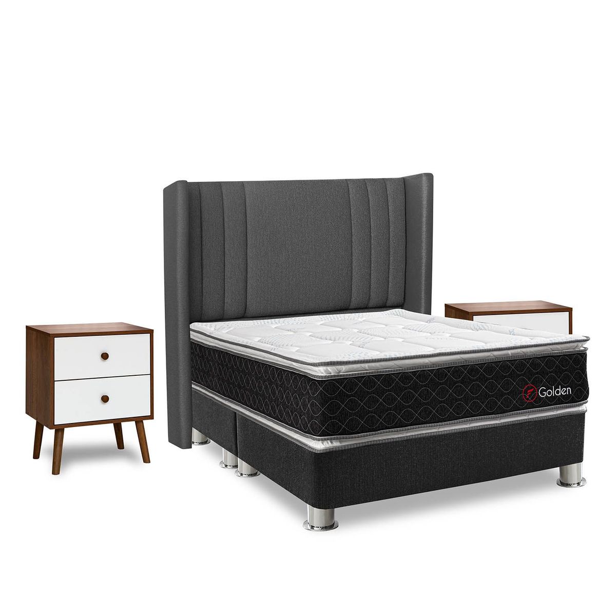 FORLI - Dormitorio Golden Gris Queen + 2 Veladores