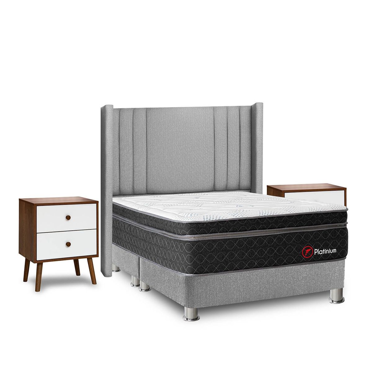 FORLI - Dormitorio Platinium Plata Queen + 2 Veladores