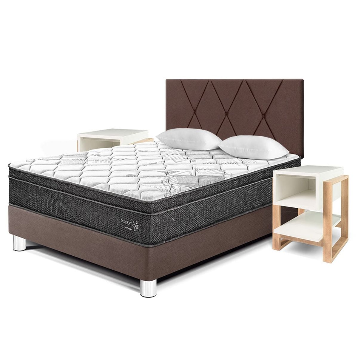 PARAISO - Dormitorio Pocket Star Loft 2 Plz + 2 Veladores + 2 Almohadas + Protector