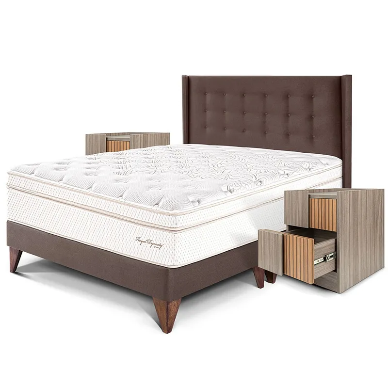 PARAISO - Dormitorio Europeo Royal Dynasty Gold Queen + 2 Veladores + 2 Almohadas Viscoelásticas + Protector