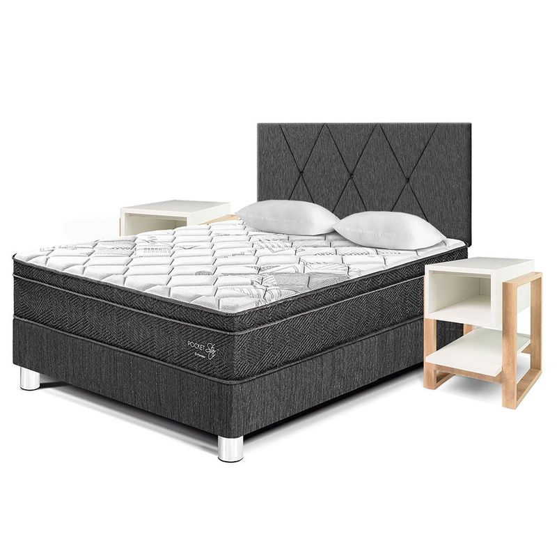 PARAISO - Dormitorio Pocket Star Loft 2 Plz + 2 Veladores + 2 Almohadas + Protector