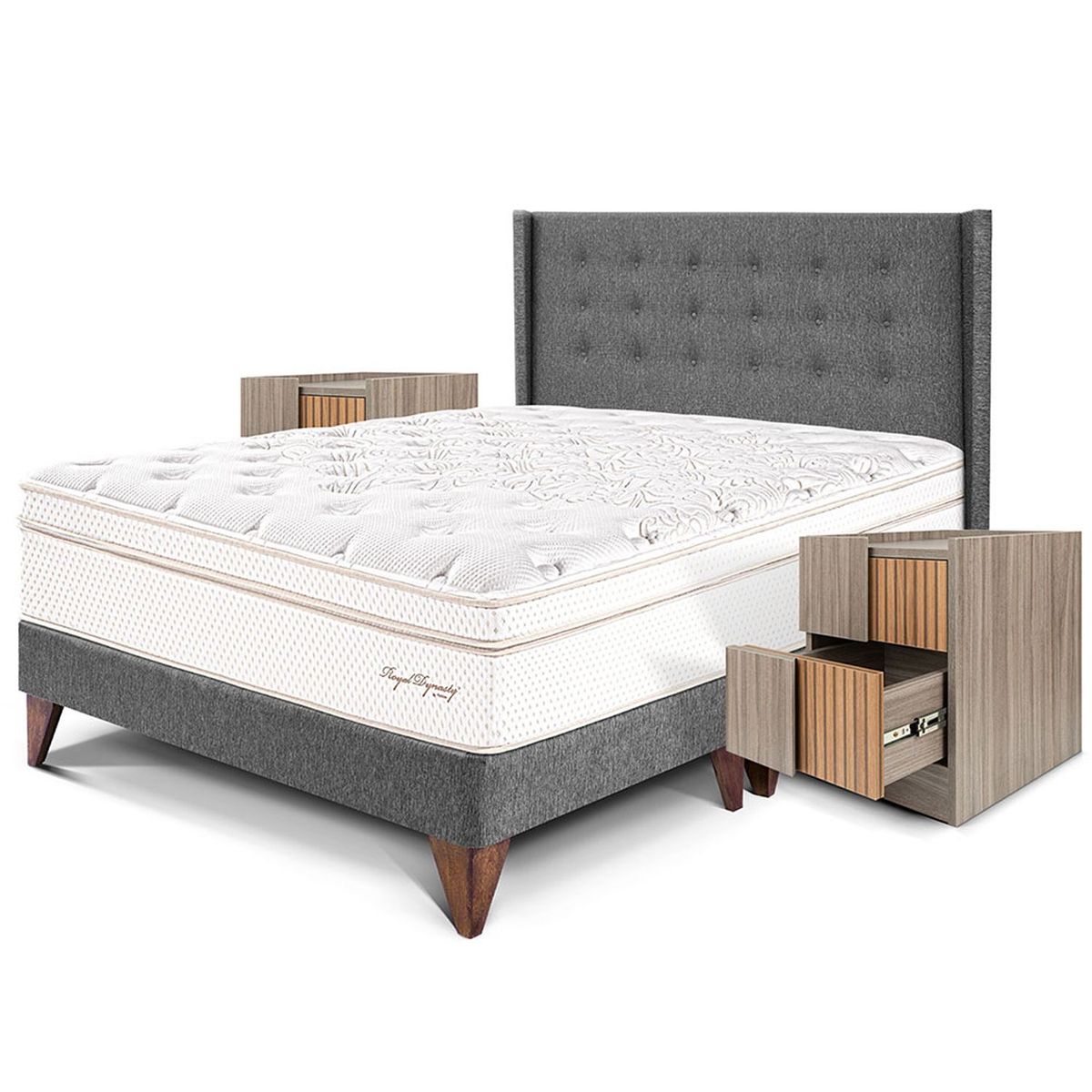 PARAISO - Dormitorio Europeo Royal Dynasty Gold Queen + 2 Veladores + 2 Almohadas Viscoelásticas