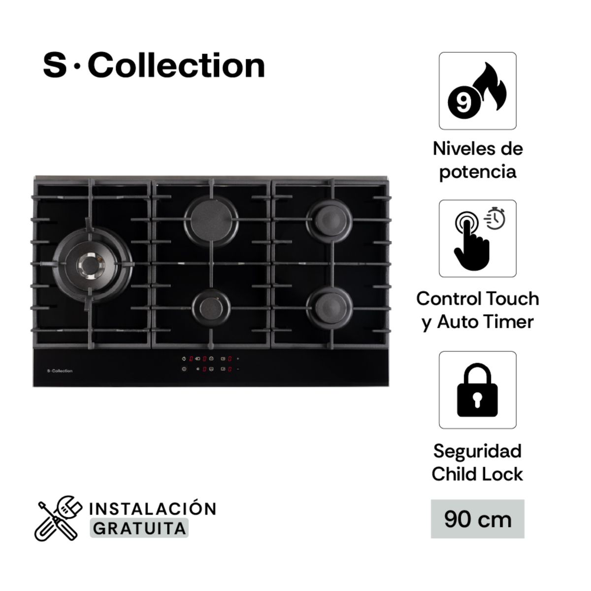 SCOLLECTION - Encimera S-collection Vidrio Full Touch Gas 90cm