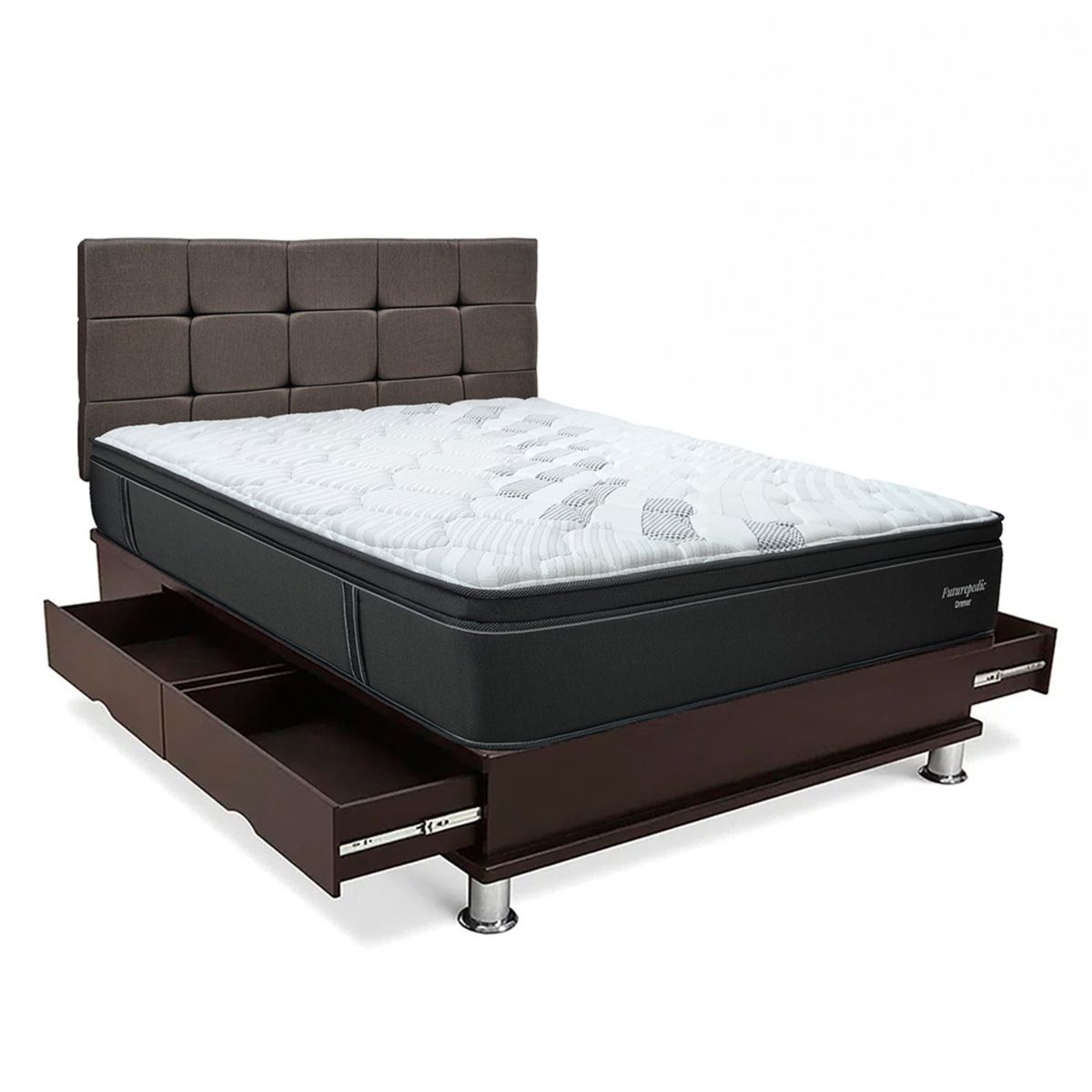 DRIMER - Dormitorio Con Cajones Cuadros Futurepedic Queen + 2 Almohadas + Protector