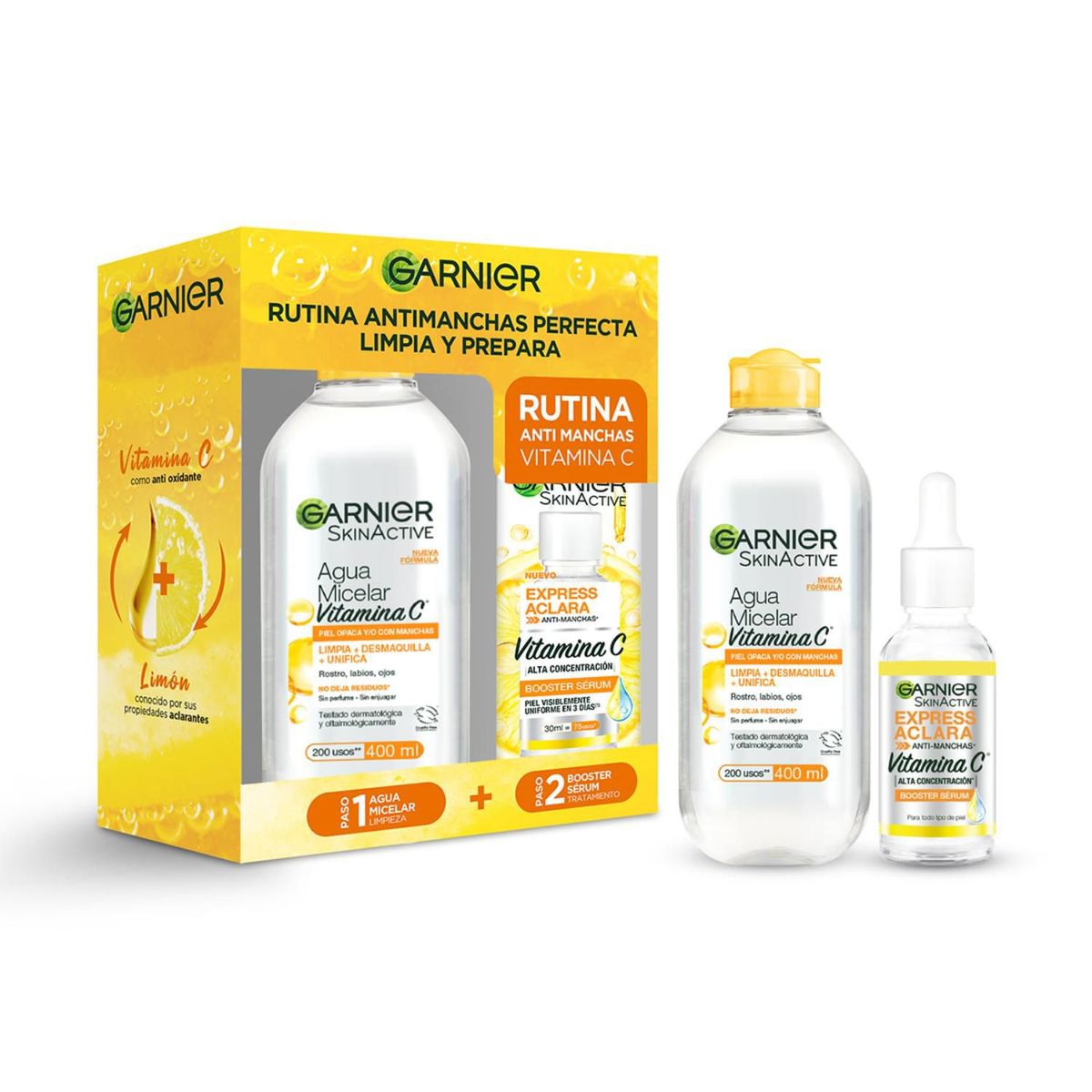 GARNIER - Set De Tratamiento Rostro Serum Express Aclara + Micelar Óleo 400ml Garnier