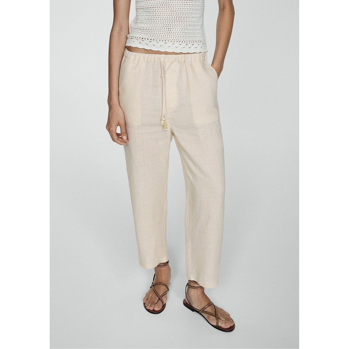 MANGO - Pantalón Mango Lino Bolsillos Cordón