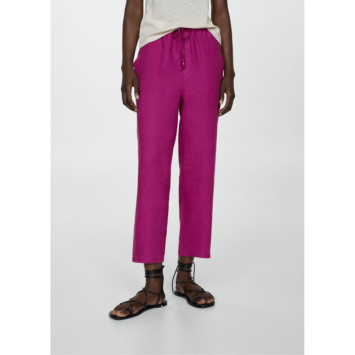 MANGO - Pantalón Mango Lino Bolsillos Cordón