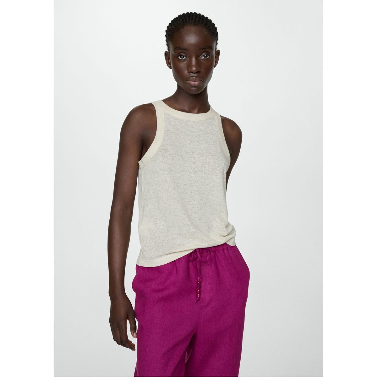 MANGO - Pantalón Mango Lino Bolsillos Cordón