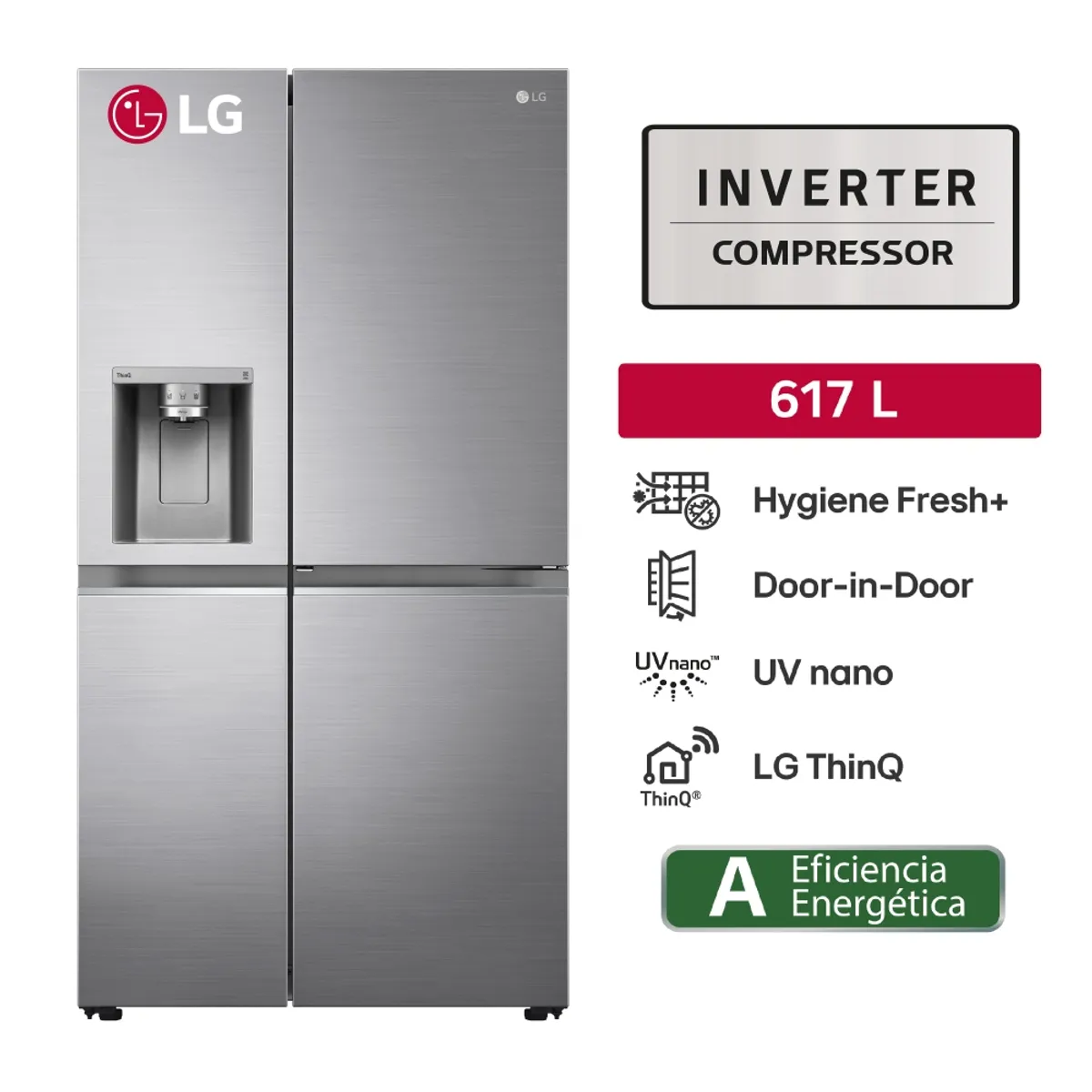 LG - Refrigeradora GS66SDP 617lt Door Cooling+ Side by Side Plateado LG