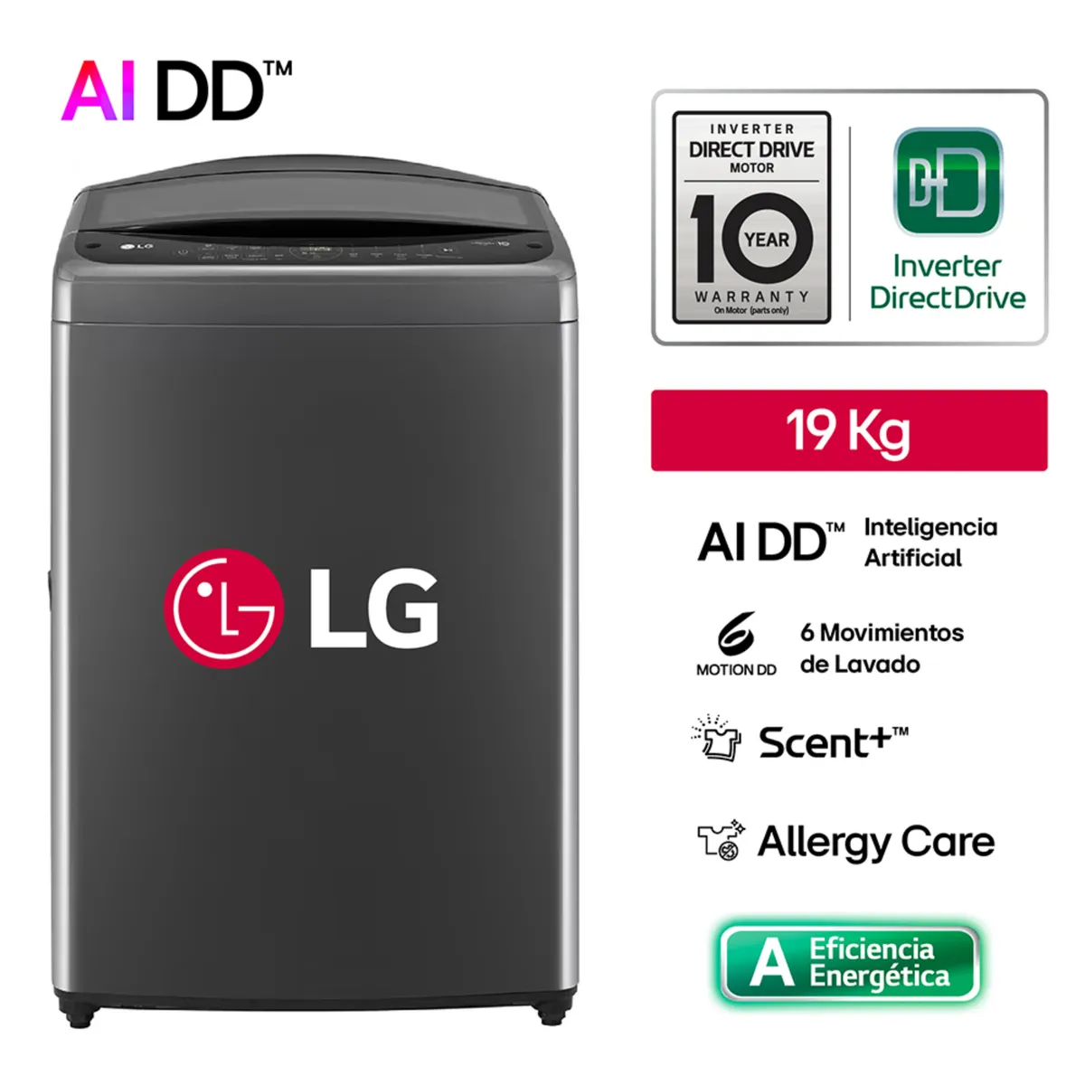 LG - Lavadora WT19BV6T 19 Kg Ai DD Carga Superior Negro Claro LG