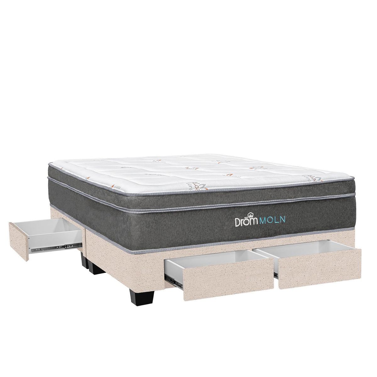 DROM - Cama con Cajones Moln Queen + 2 Almohadas Viscoelásticas y Protector