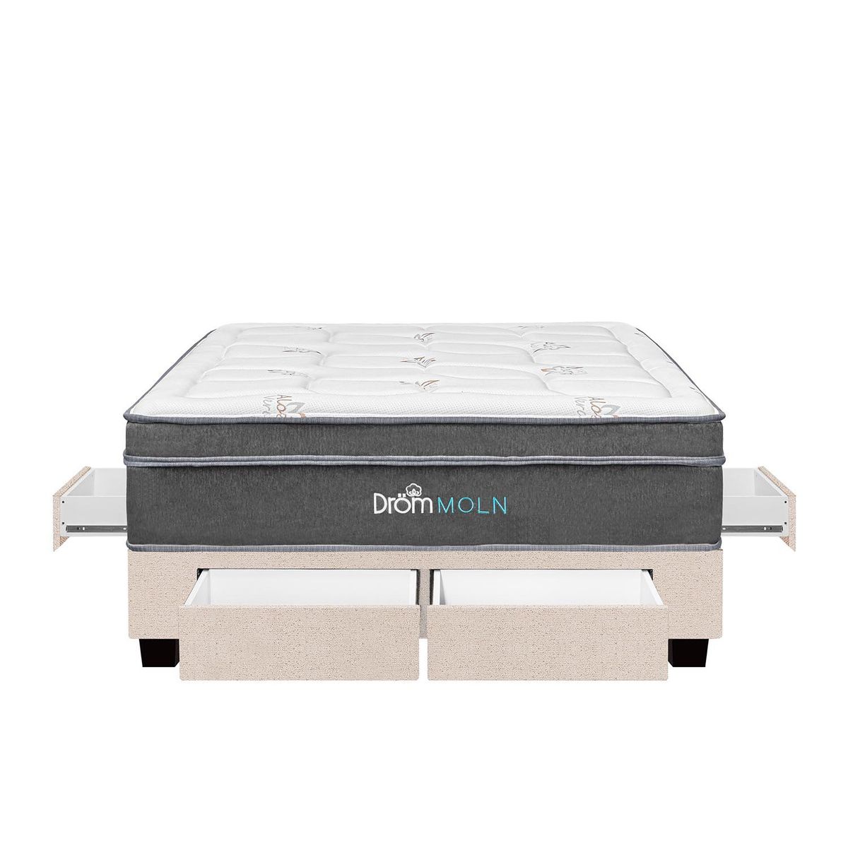 DROM - Cama con Cajones Moln Queen + 2 Almohadas Viscoelásticas y Protector