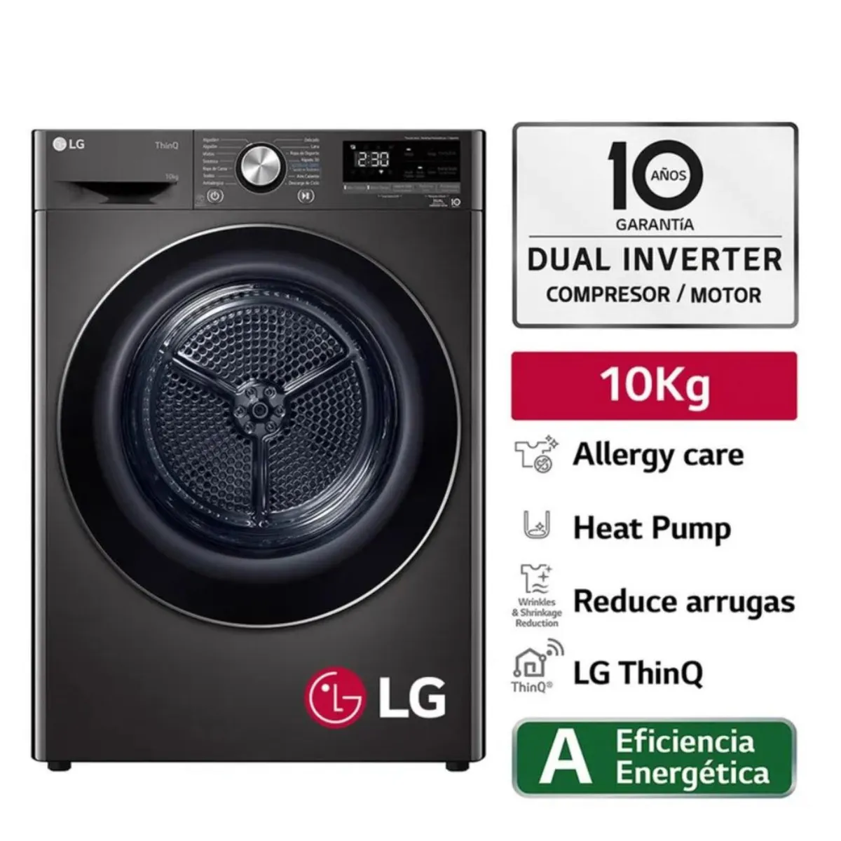 LG - Secadora DF10BVC2S6 10 Kg Dual Inverter Heat Pump Carga Frontal Negro LG