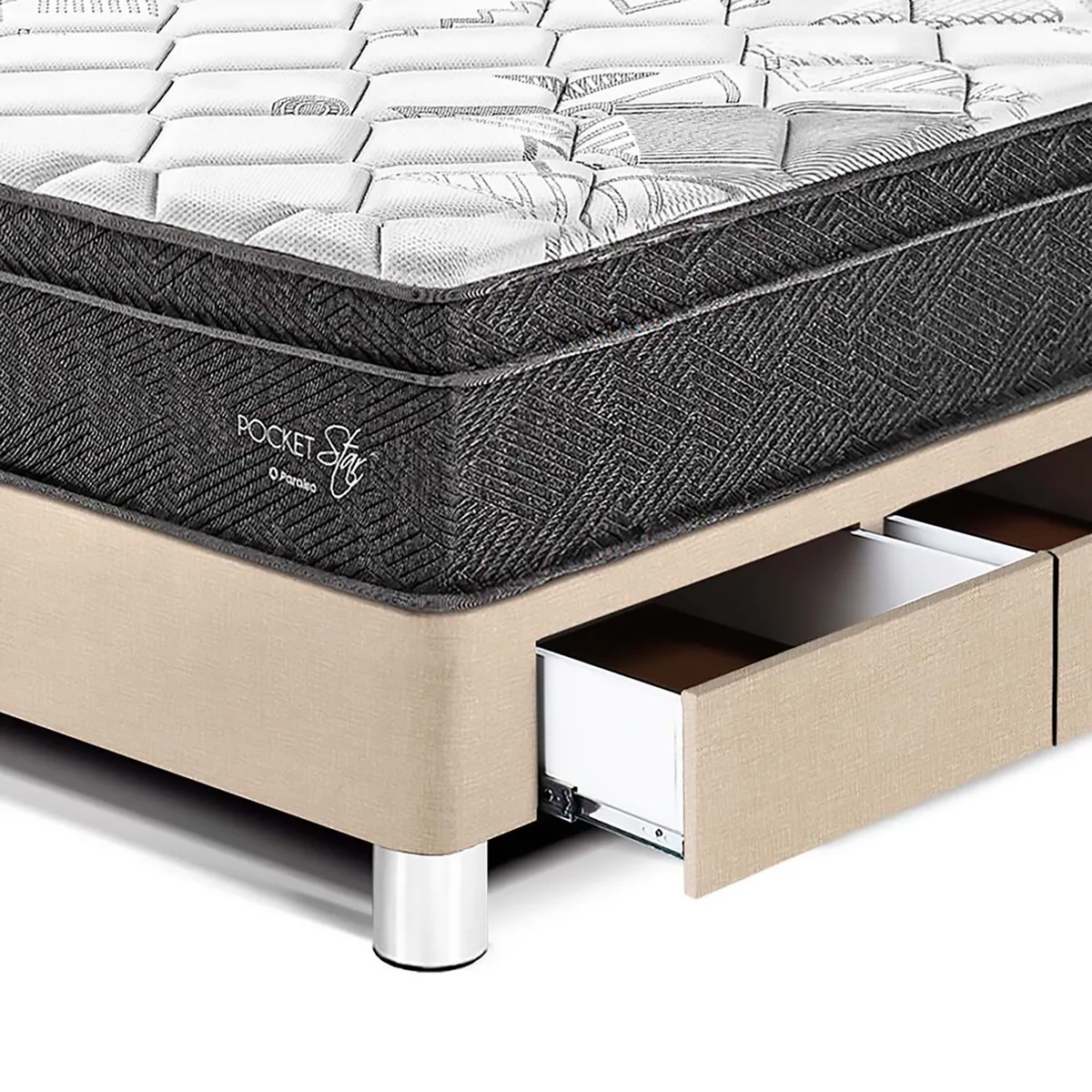 PARAISO - Cama Con Cajones Pocket Star 1.5 Plz + 1 Almohada + Protector