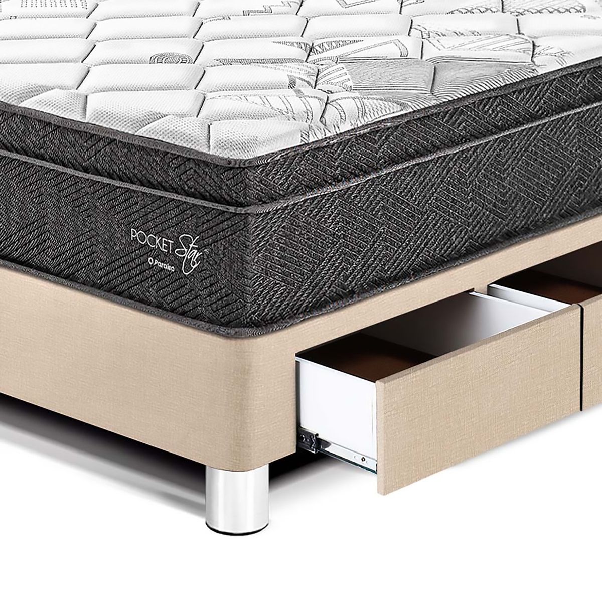 PARAISO - Dormitorio Con Cajones Pocket Star Loft 1.5 Plz Champagne + 1 Almohada + Protector