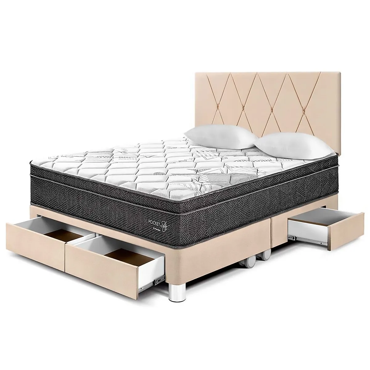 PARAISO - Dormitorio con Cajones Pocket Star Loft Queen + 2 Almohadas + Protector