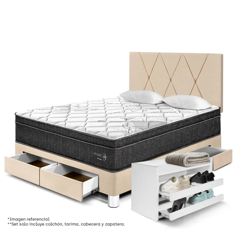 PARAISO - Dormitorio con Cajones Pocket Star Loft 2 Plz + Zapatera + 2 Almohadas + Protector