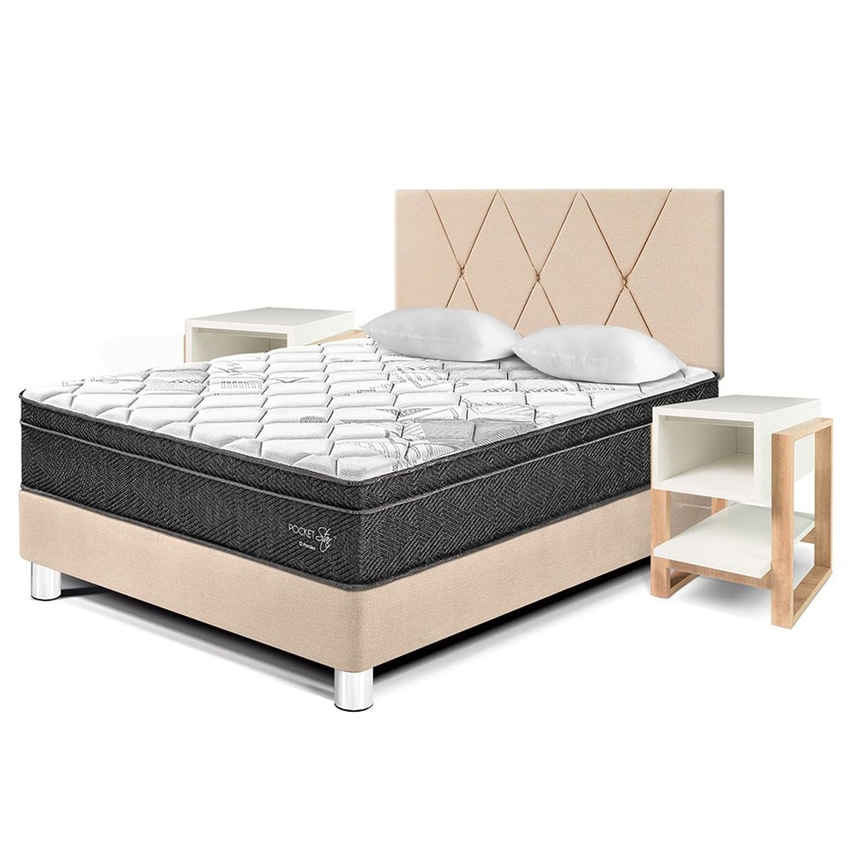 PARAISO - Dormitorio Pocket Star Loft 2 Plz + 2 Veladores + 2 Almohadas + Protector