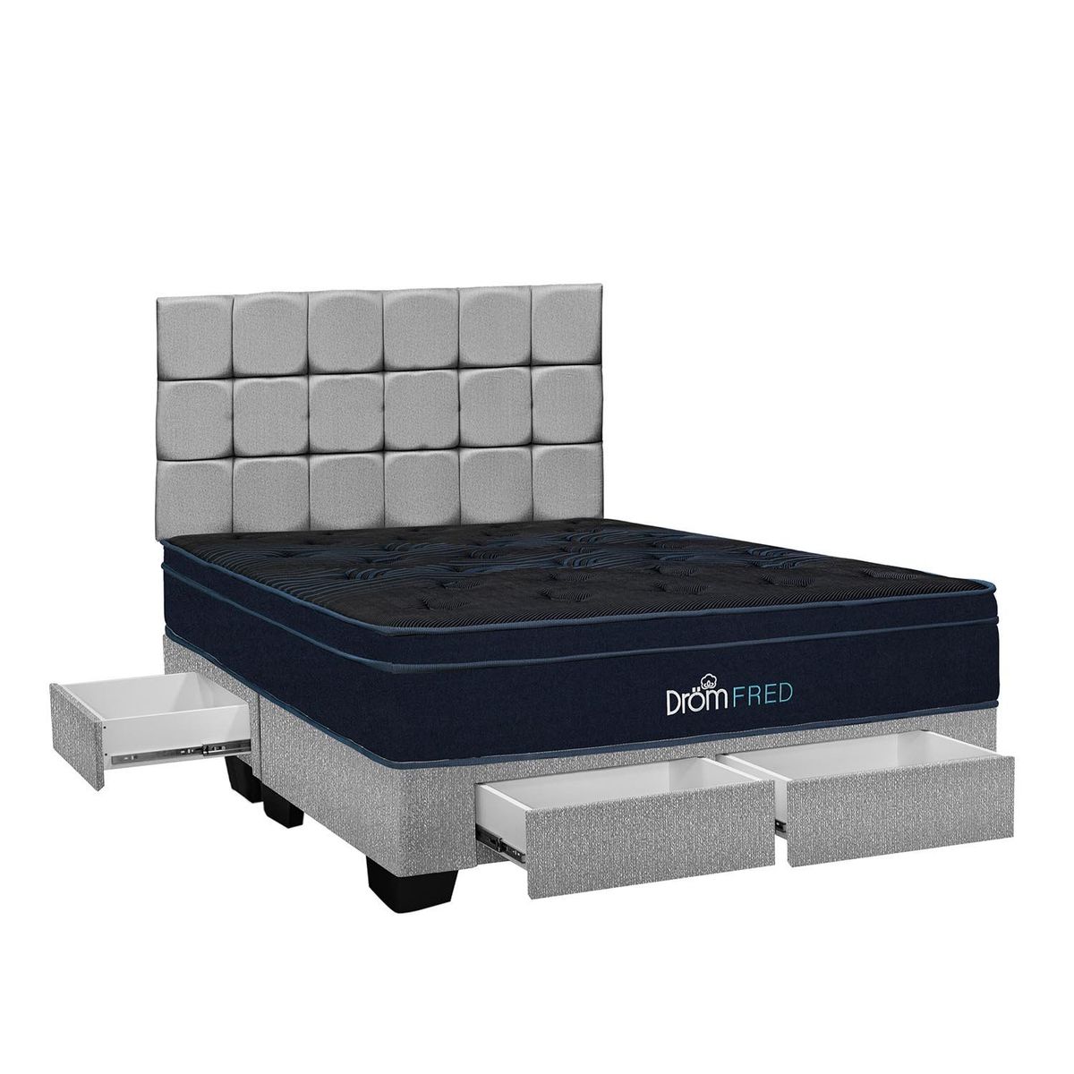 DROM - Dormitorio con Cajones Fred Gris Queen + 2 Almohadas Viscoelásticas y Protector