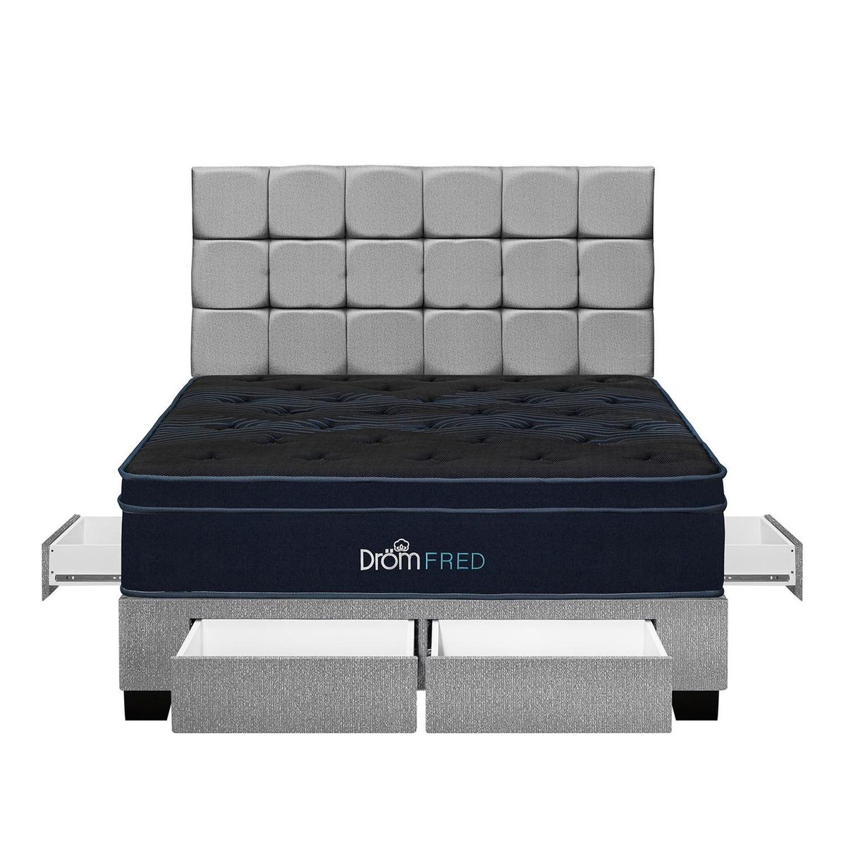 DROM - Dormitorio con Cajones Fred Gris Queen + 2 Almohadas Viscoelásticas y Protector