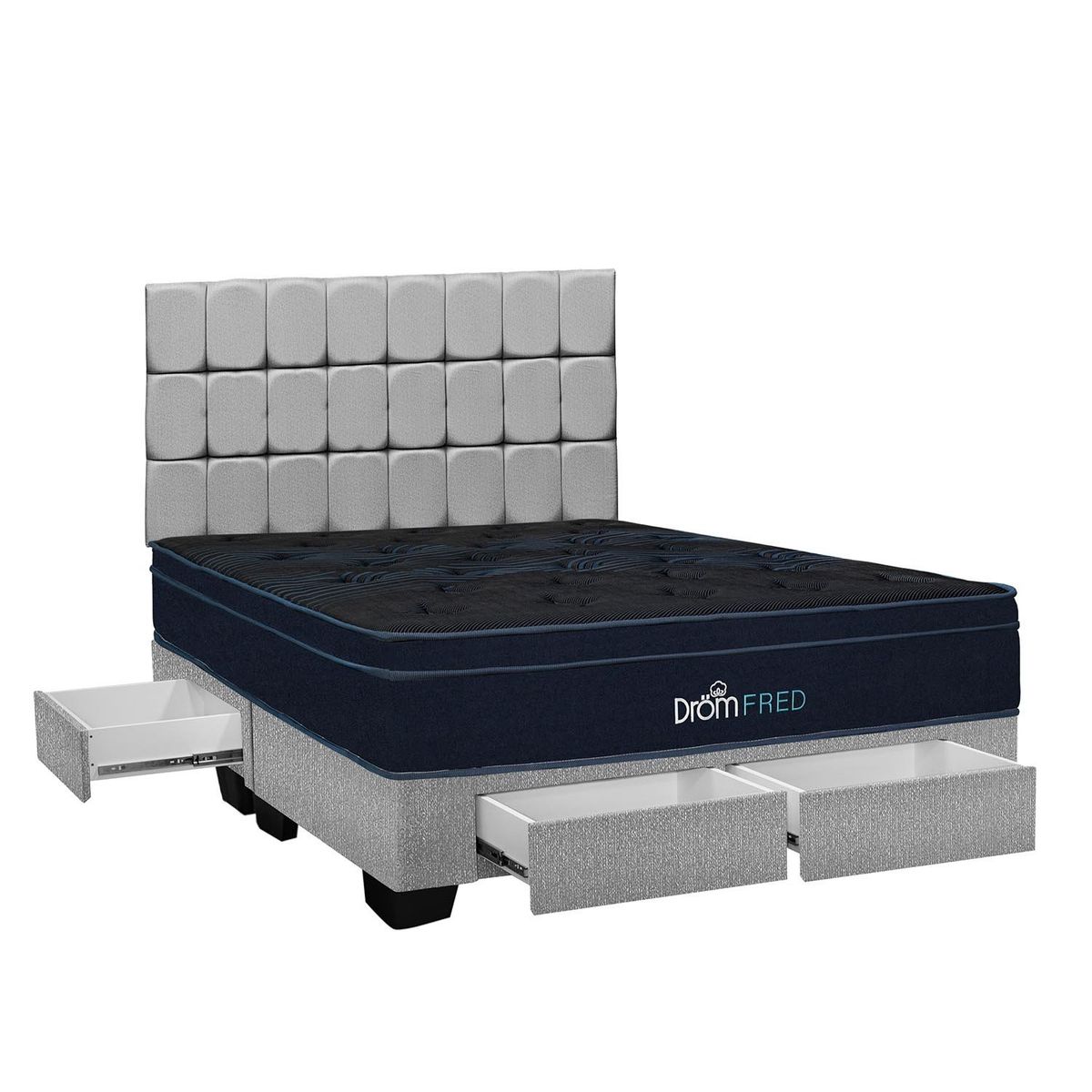 DROM - Dormitorio con Cajones Fred Gris King + 2 Almohadas Viscoelásticas y Protector