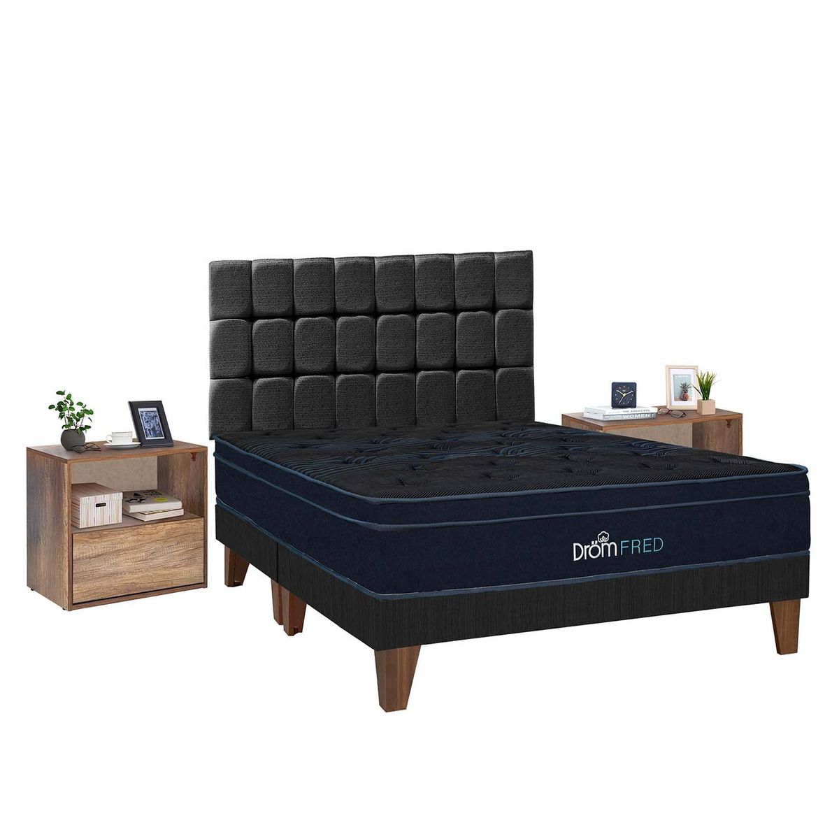 DROM - Dormitorio Europeo Fred King + 2 Almohadas Viscoelásticas y Protector + 2 Veladores