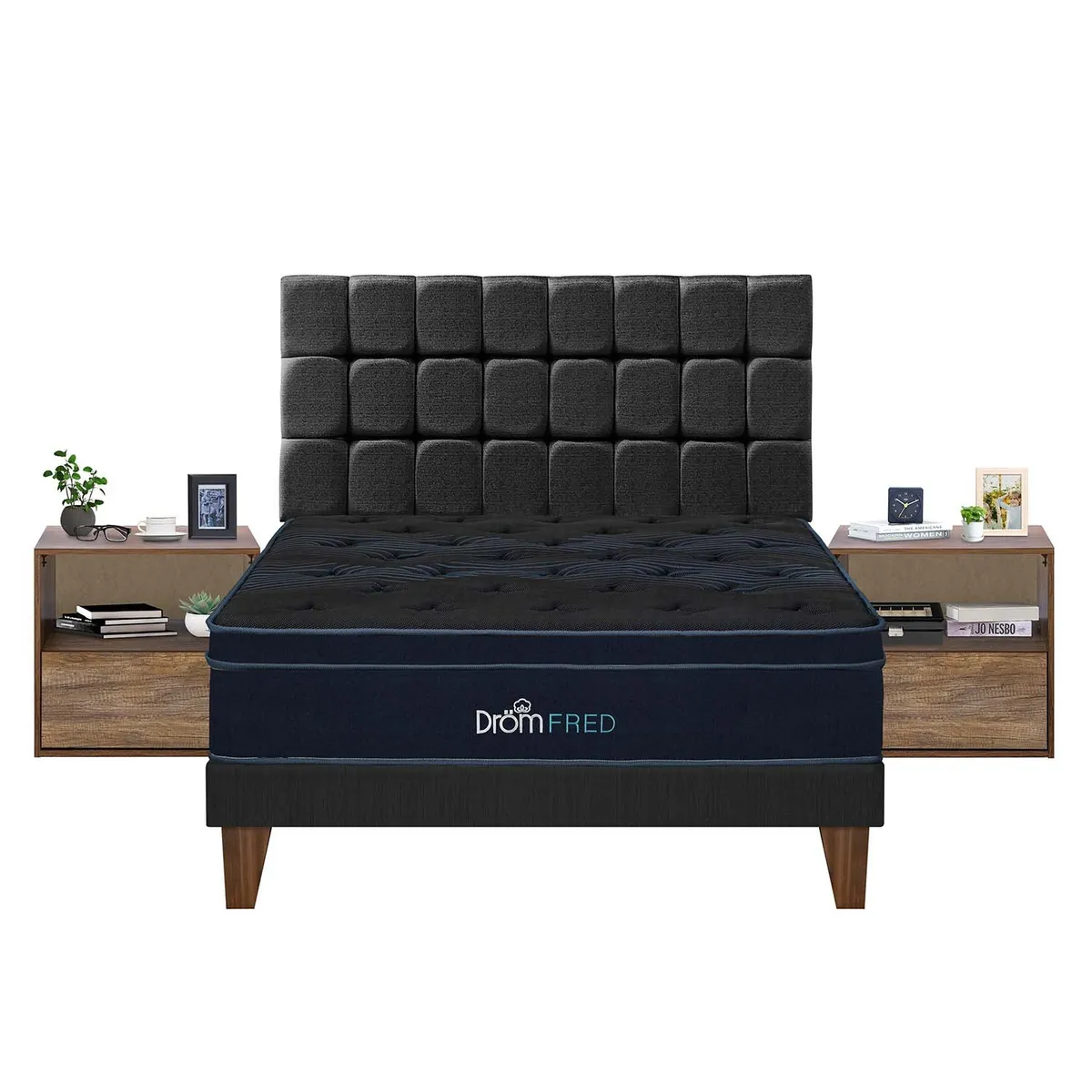 DROM - Dormitorio Europeo Fred King + 2 Almohadas Viscoelásticas y Protector + 2 Veladores