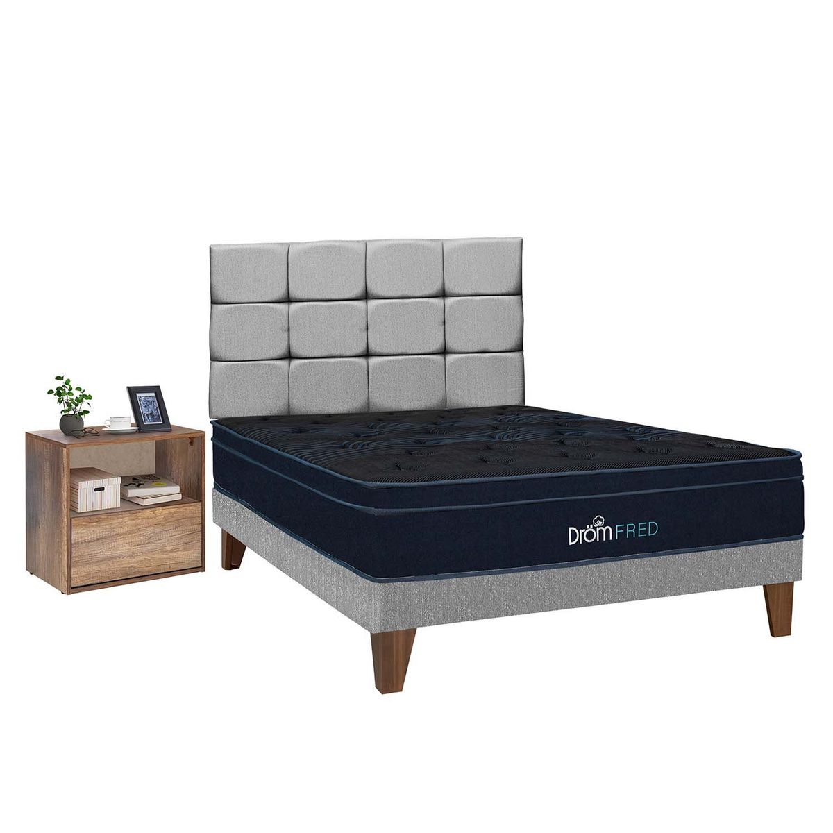 DROM - Dormitorio Europeo Fred Gris 1.5Plz + Velador + 1 Almohada Viscoelástica y Protector