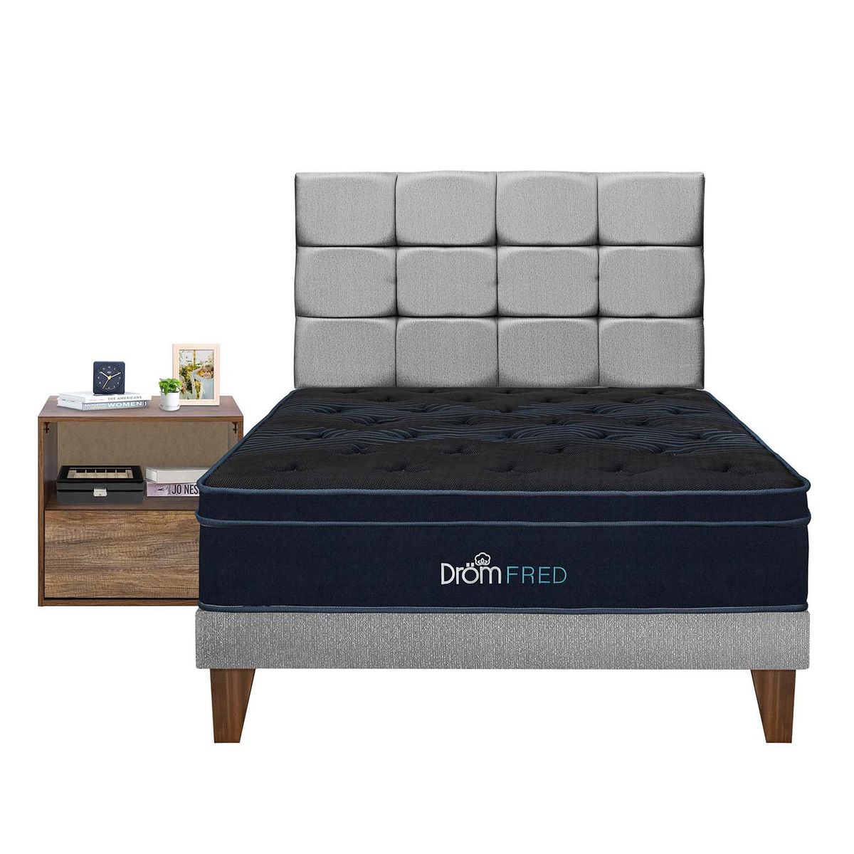 DROM - Dormitorio Europeo Fred Gris 1.5Plz + Velador + 1 Almohada Viscoelástica y Protector