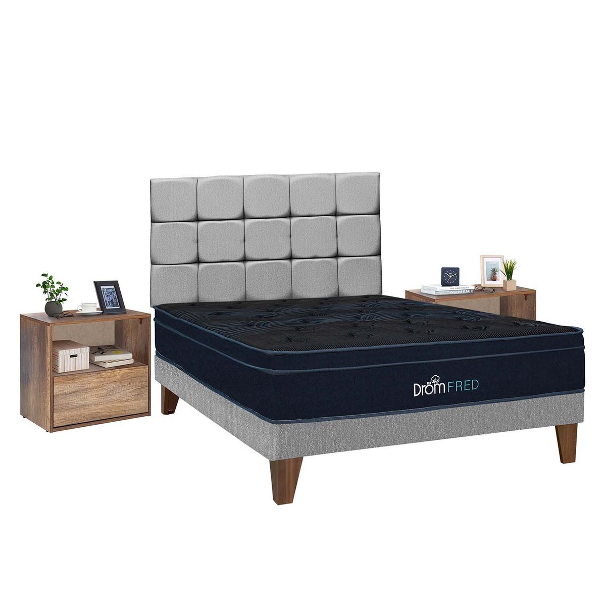 DROM - Dormitorio Europeo Fred  2Plz + 2 Veladores + 2 Almohadas Viscoelásticas y Protector