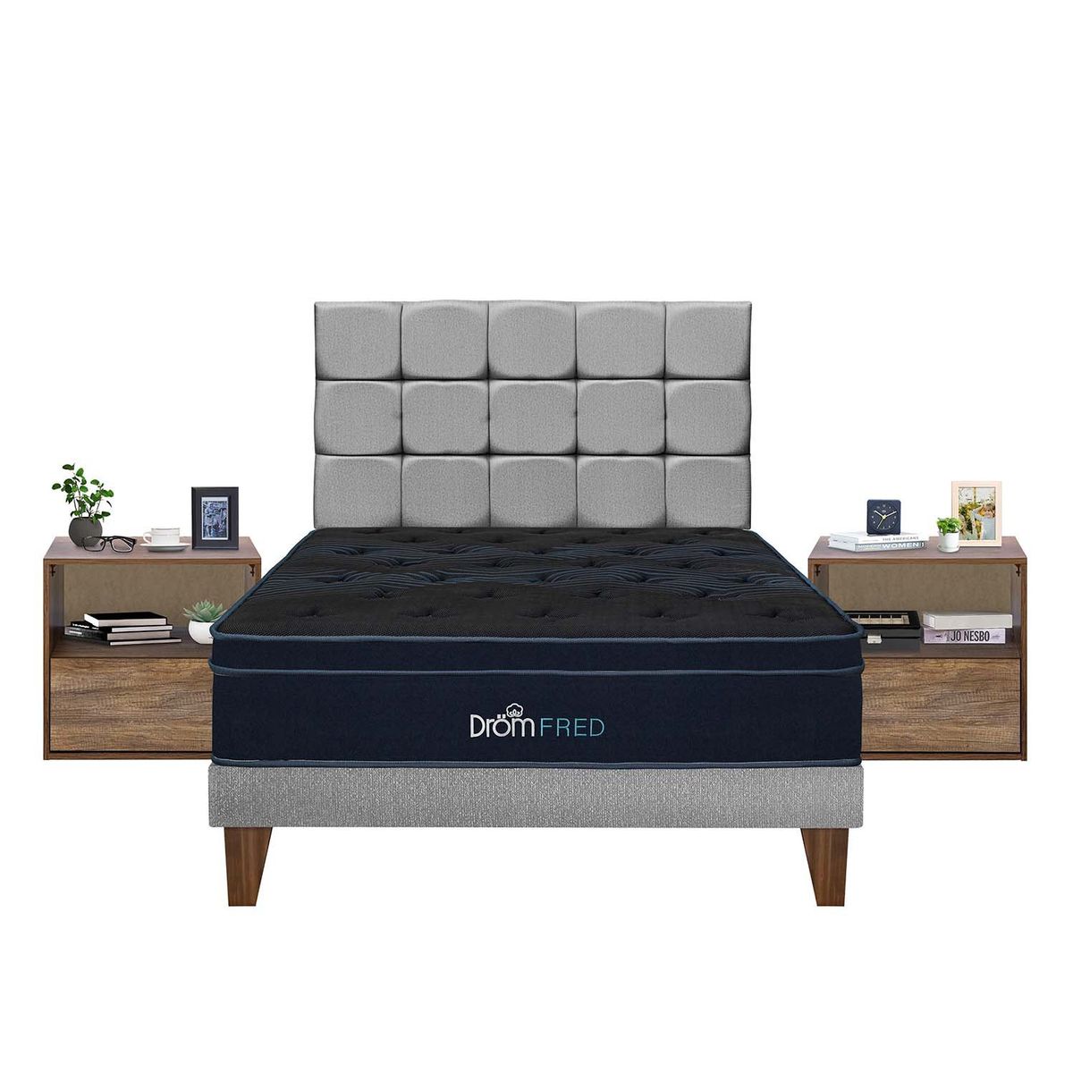 DROM - Dormitorio Europeo Fred  2Plz + 2 Veladores + 2 Almohadas Viscoelásticas y Protector