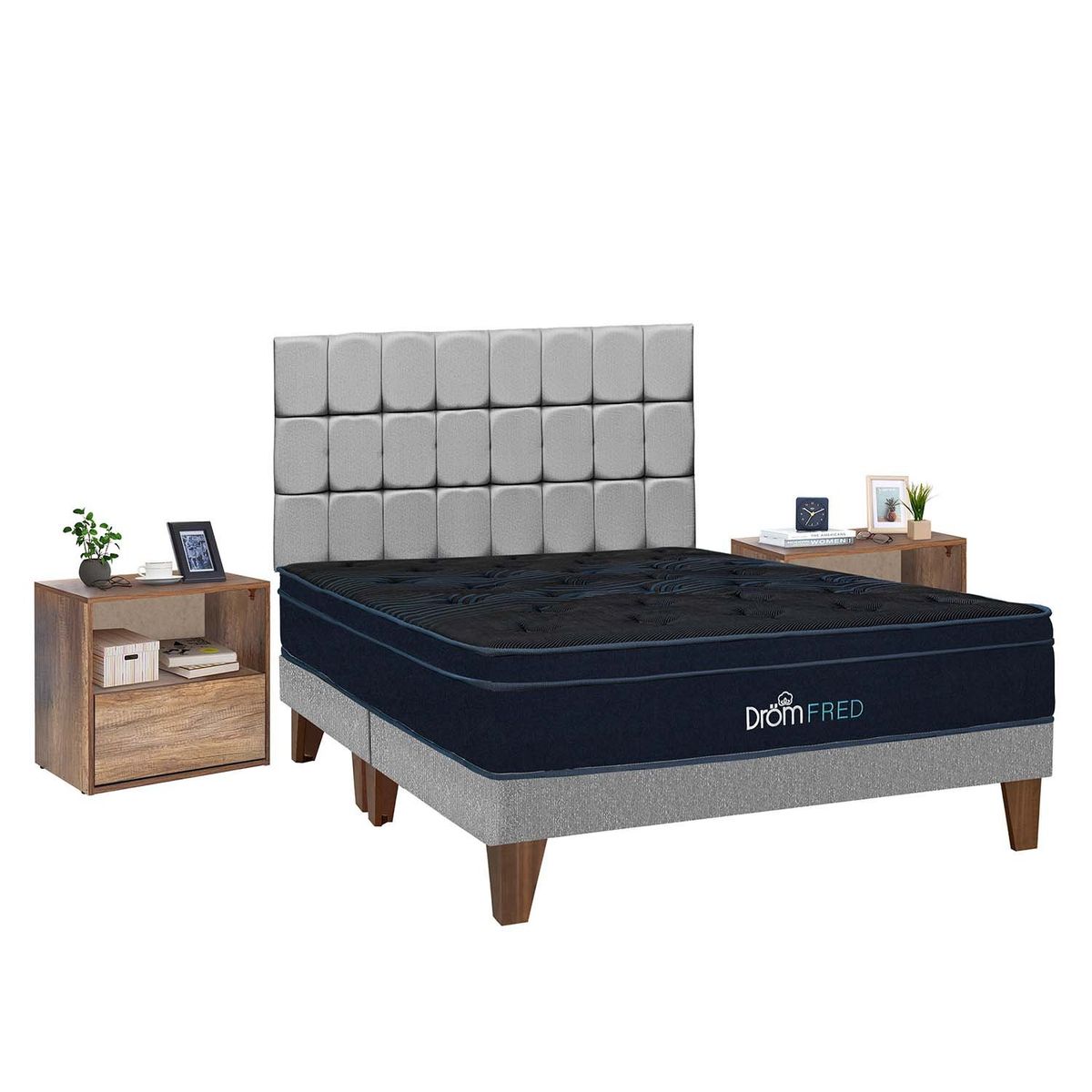 DROM - Dormitorio Europeo Fred Gris King + 2 Almohadas Viscoelásticas y Protector + 2 Veladores