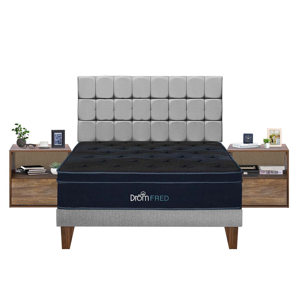 DROM - Dormitorio Europeo Fred Gris King + 2 Almohadas Viscoelásticas y Protector + 2 Veladores