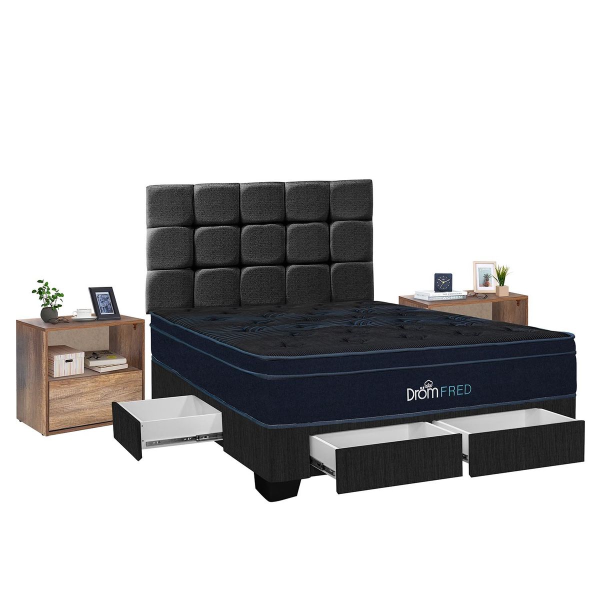 DROM - Dormitorio con Cajones Fred 2Plz + 2 Veladores + 2 Almohadas Viscoelásticas y Protector