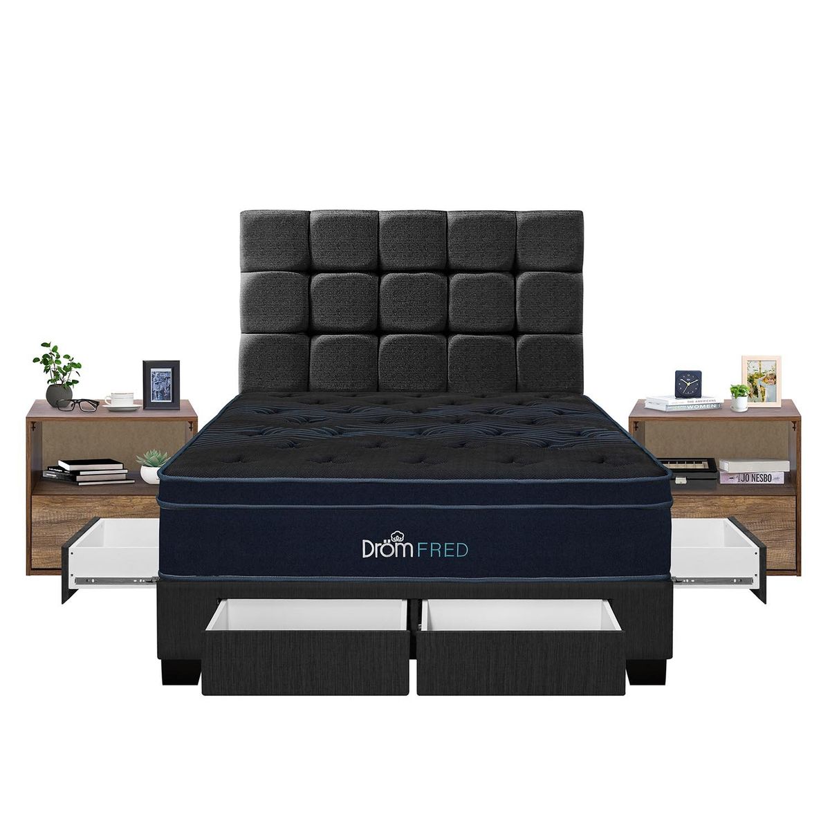 DROM - Dormitorio con Cajones Fred 2Plz + 2 Veladores + 2 Almohadas Viscoelásticas y Protector