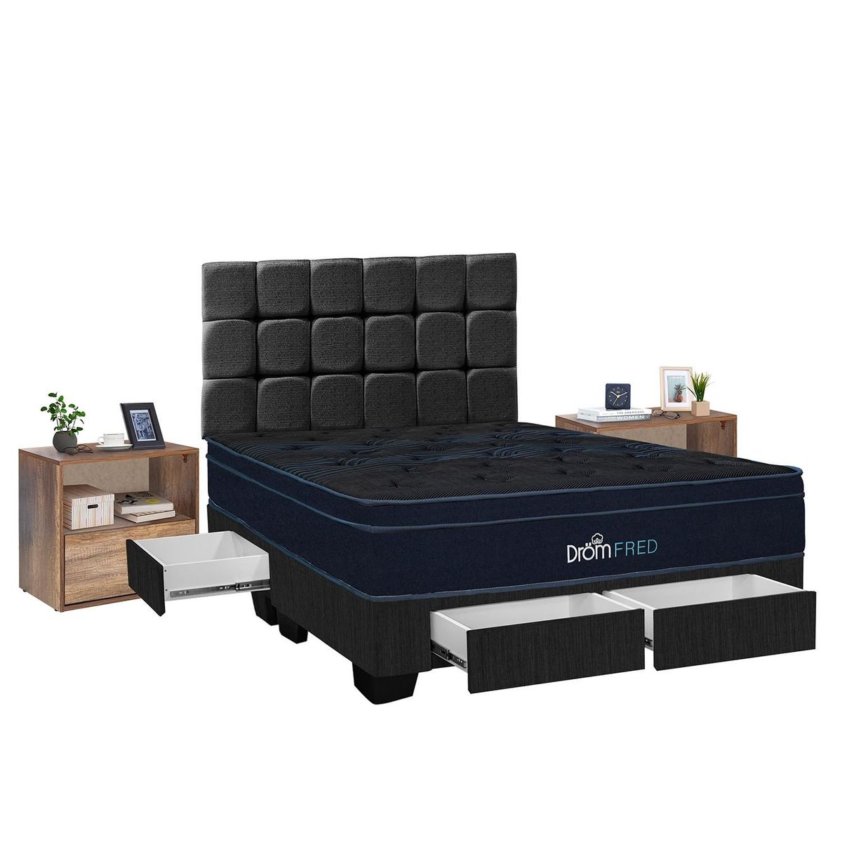 DROM - Dormitorio con Cajones Fred Queen + 2 Veladores Negro